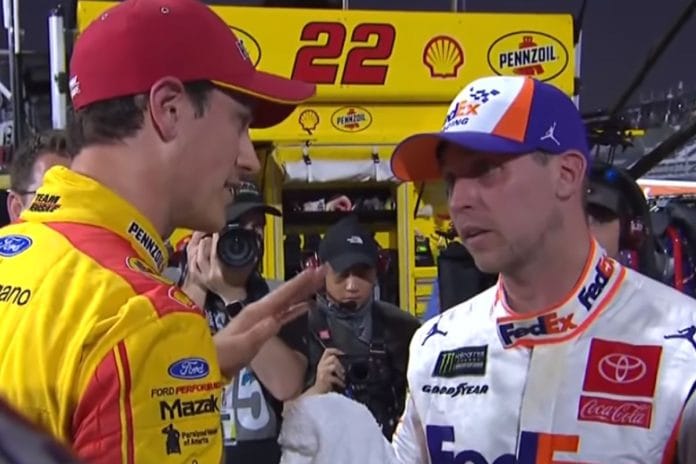 Denny Hamlin Reacts to Logano's Middle Finger