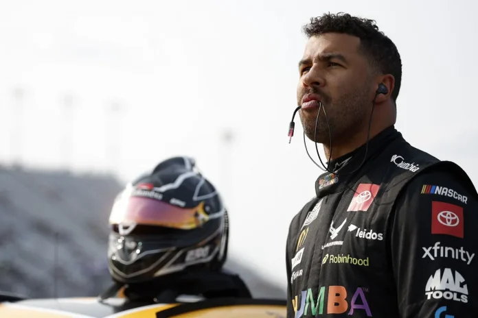 Bubba Wallace reacts to lucha mask at NASCAR Mexico race